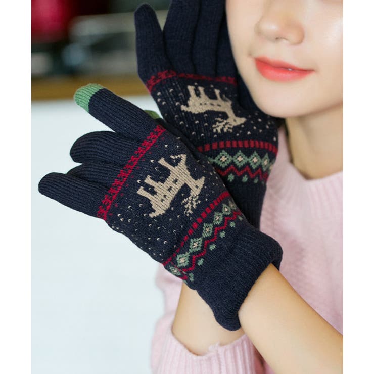 ネイビー | 裏起毛トナカイ柄手袋タッチパネル対応手袋 | Miniministore
