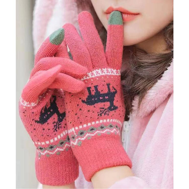 レッド系（ピンク寄り） | 裏起毛トナカイ柄手袋タッチパネル対応手袋 | Miniministore