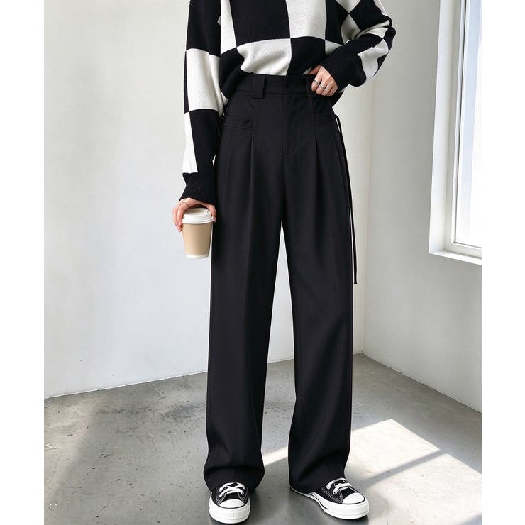ブラック | ハイウエストタックパンツワイドスラックス | Miniministore