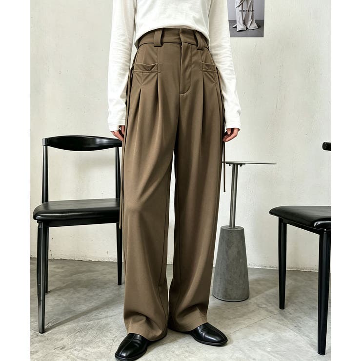 ブラウン | ハイウエストタックパンツワイドスラックス | Miniministore