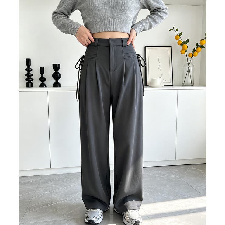 ダークグレー | ハイウエストタックパンツワイドスラックス | Miniministore