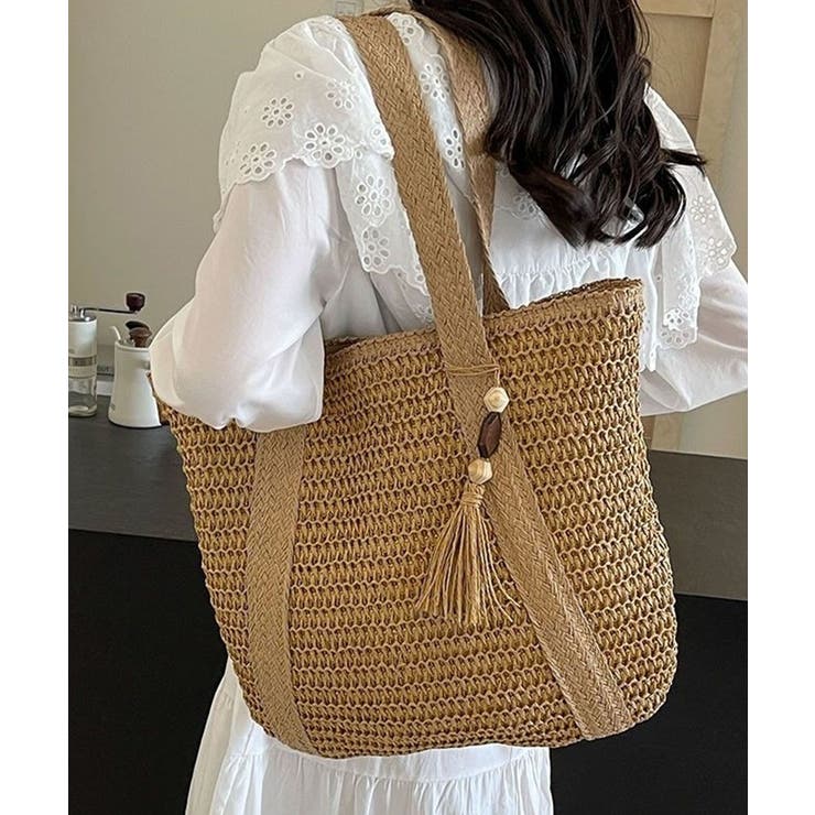 ベージュ | ペーパーバッグ編みトート鞄軽量 大人カジュアル肩掛けかばん 手提げ鞄旅行 | SUNSHINE CLOSET