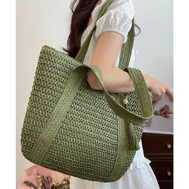 カーキ | ペーパーバッグ編みトート鞄軽量 大人カジュアル肩掛けかばん 手提げ鞄旅行 | SUNSHINE CLOSET