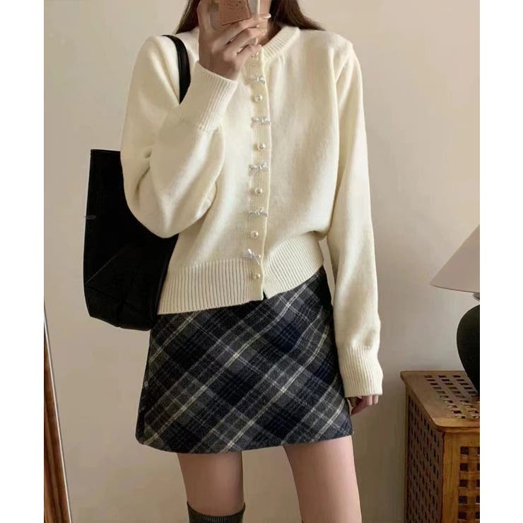 アイボリー | リボンニットカーディガンパールボタン無地 | Miniministore