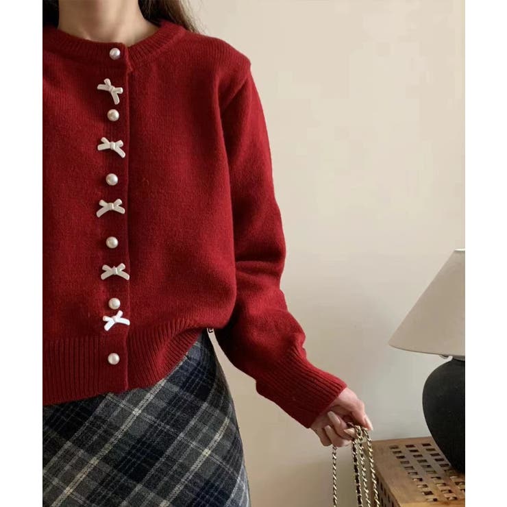 ワインレッド | リボンニットカーディガンパールボタン無地 | Miniministore
