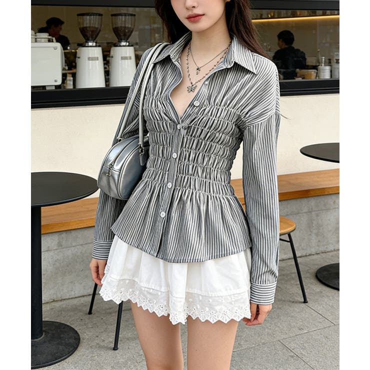 ブラック | ストライプ柄シャーリングシャツ襟付き長袖 | Miniministore