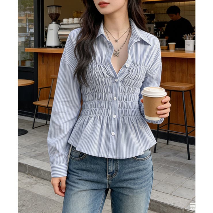 ライトブルー | ストライプ柄シャーリングシャツ襟付き長袖 | Miniministore