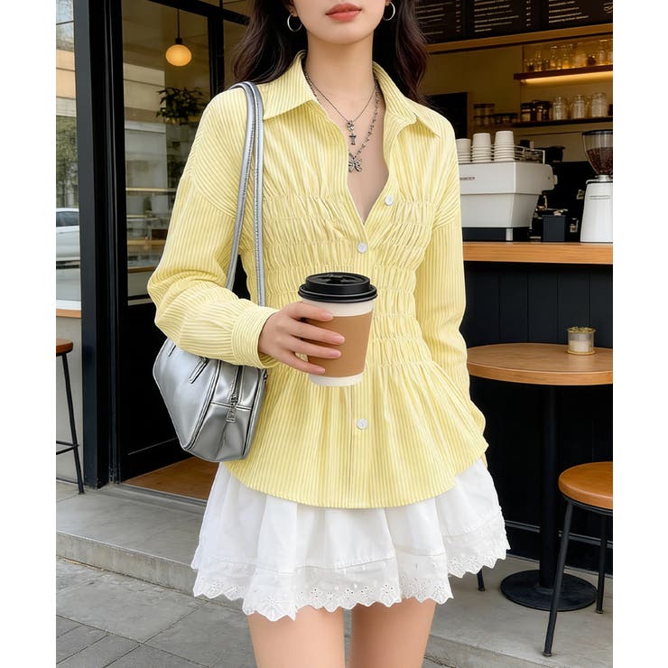 イエロー | ストライプ柄シャーリングシャツ襟付き長袖 | Miniministore