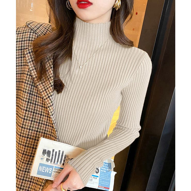 ベージュ | ボトルネックリブニットトップスレディース | Miniministore