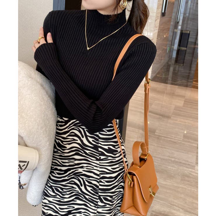 ブラック | ボトルネックリブニットトップスレディース | Miniministore