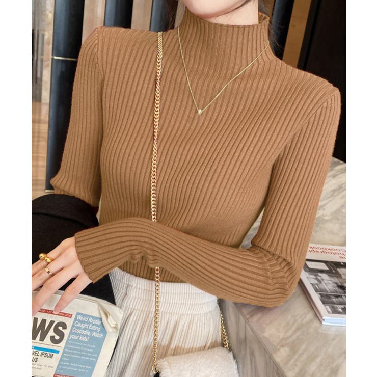 キャメル | ボトルネックリブニットトップスレディース | Miniministore