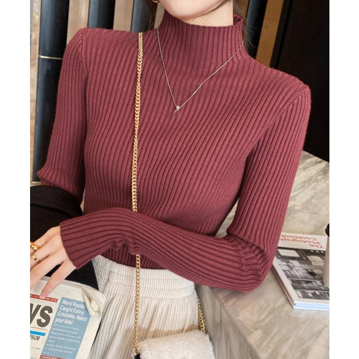 ワインレッド | ボトルネックリブニットトップスレディース | Miniministore