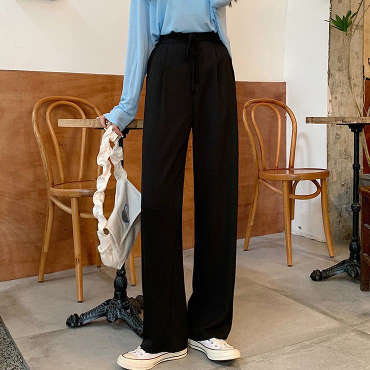 ブラック | ストレートパンツ 美脚 セミワイドパンツ オフィスカジュアル | Miniministore