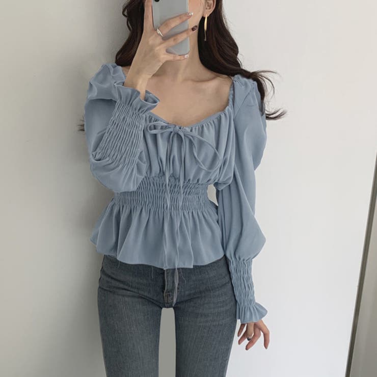 くすみブルー | ウエストシャーリングブラウス レディース | SUNSHINE CLOSET