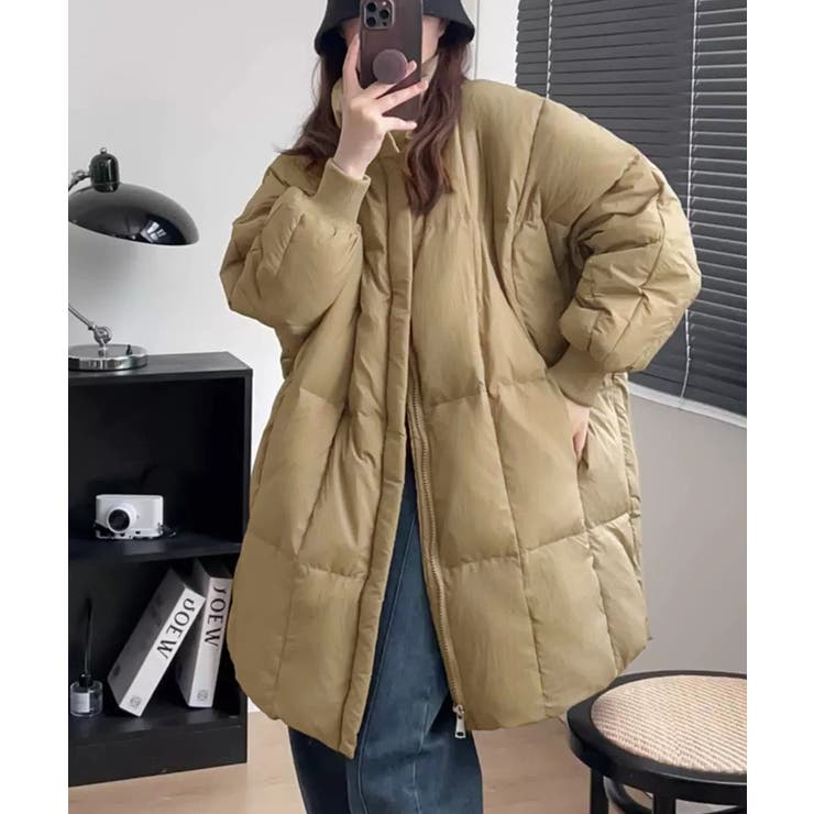 ベージュ | スタンドカラー中綿ダウンコート ゆったり | Miniministore