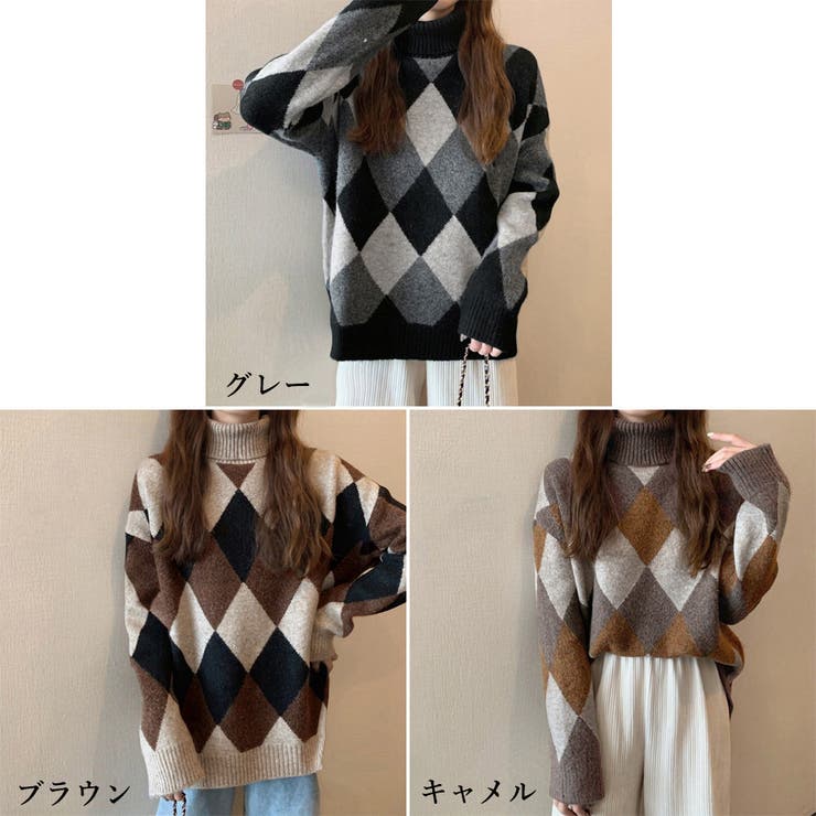 タートルネックニットトップス アーガイル | Miniministore | 詳細画像2 