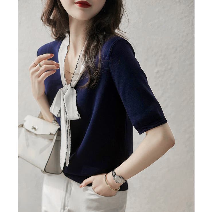 ドゥロワー ボウタイ ニット リボン トップス ネイビー ドゥロワー ボウタイ ニット リボン トップス ネイビー