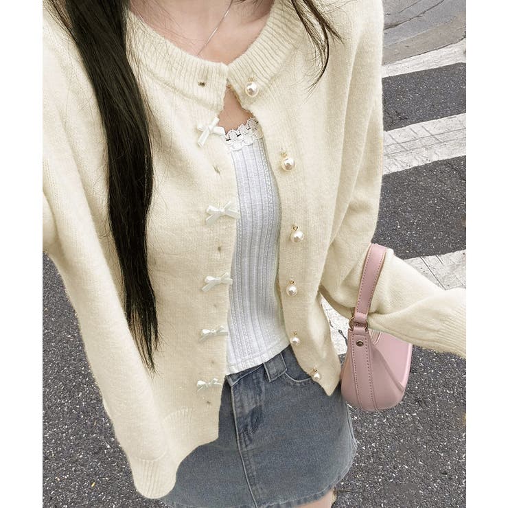 リボンニットカーディガンパールボタン無地 | Miniministore | 詳細画像15 