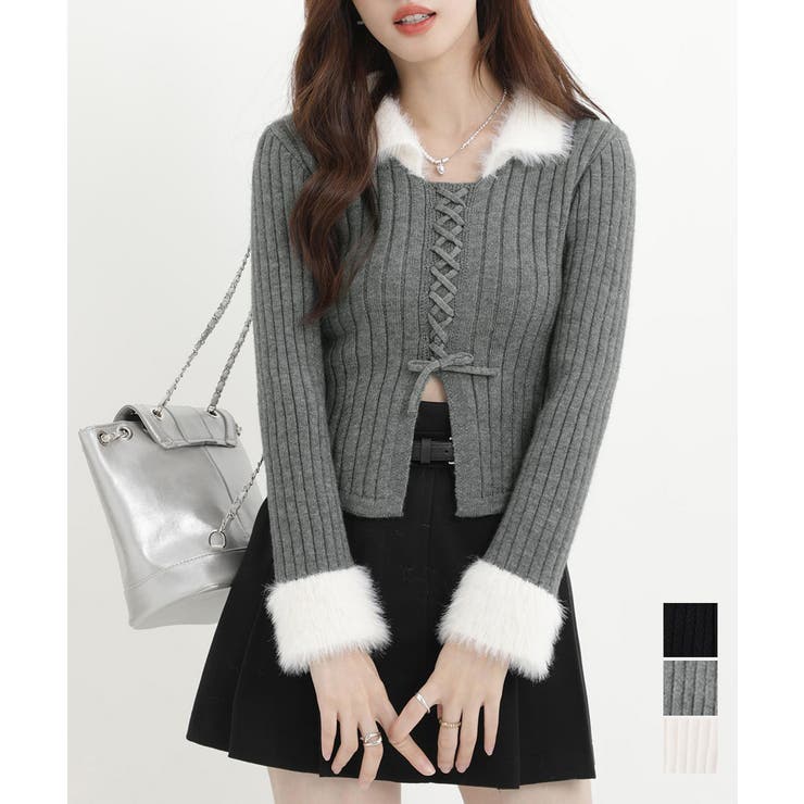 ファー襟 レースアップニットトップス配色 | Miniministore | 詳細画像1 