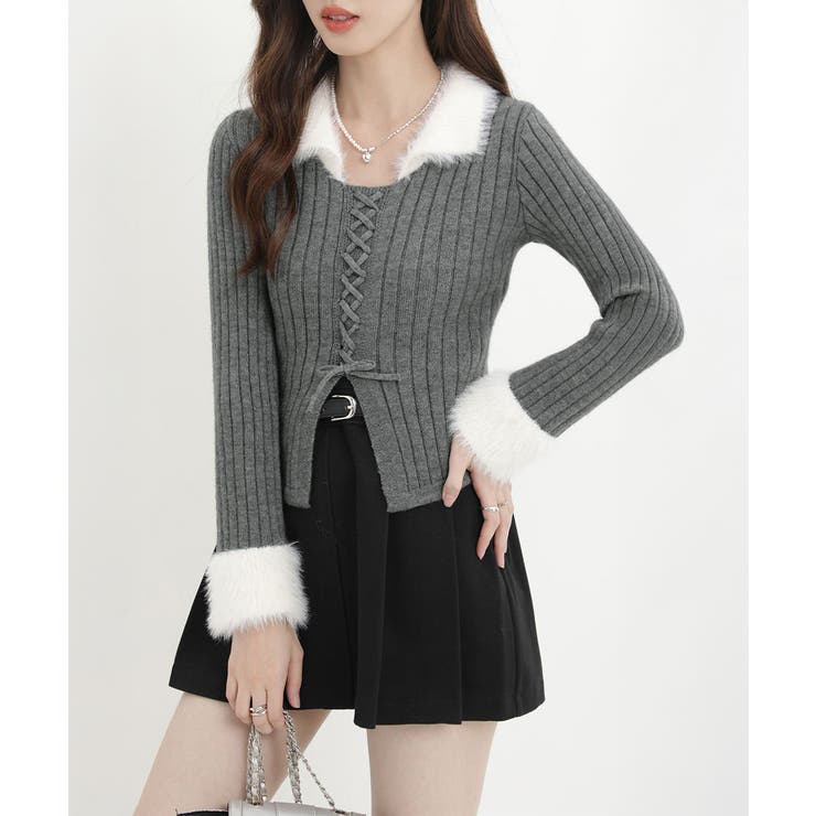 ファー襟 レースアップニットトップス配色 | Miniministore | 詳細画像2 