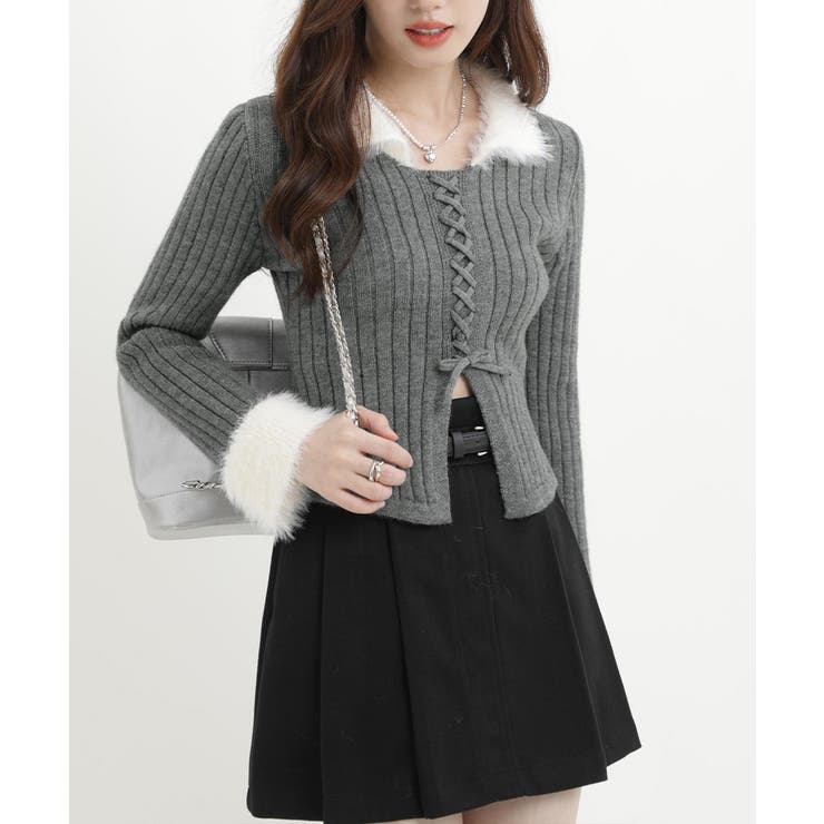 ファー襟 レースアップニットトップス配色 | Miniministore | 詳細画像4 