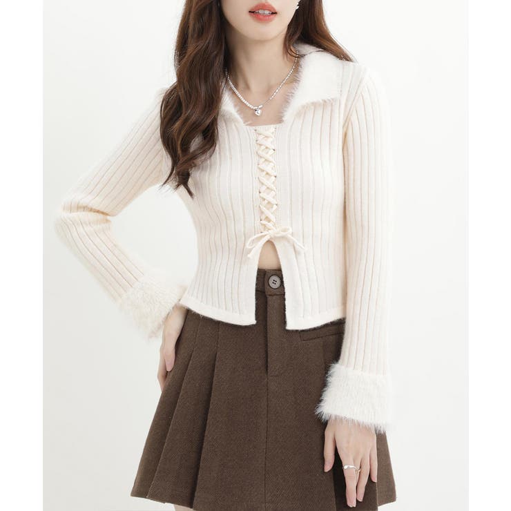 ファー襟 レースアップニットトップス配色 | Miniministore | 詳細画像6 