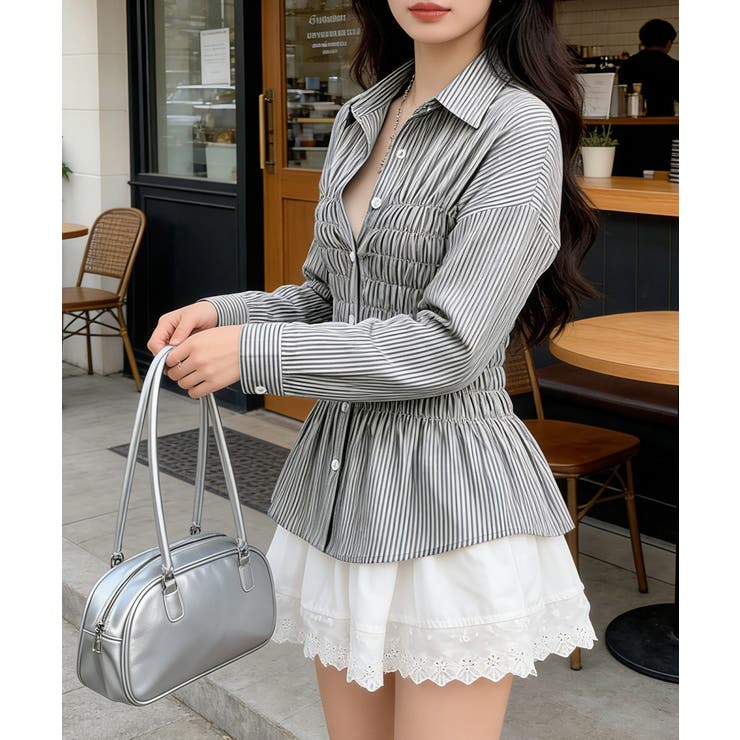 ストライプ柄シャーリングシャツ襟付き長袖 | Miniministore | 詳細画像2 