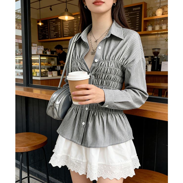 ストライプ柄シャーリングシャツ襟付き長袖 | Miniministore | 詳細画像3 