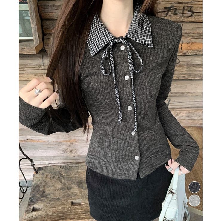 チェックカラー リボンリブニットトップス | Miniministore | 詳細画像1 