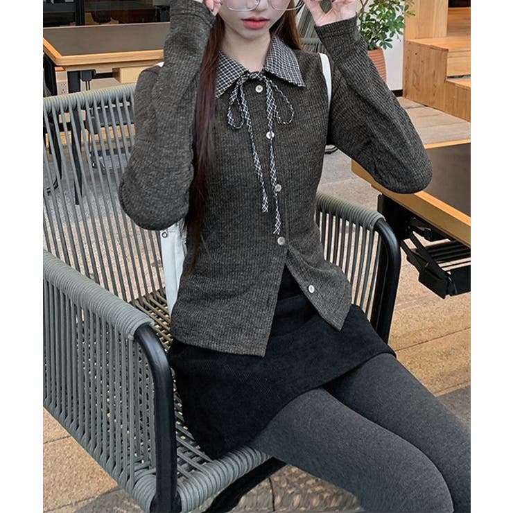 チェックカラー リボンリブニットトップス | Miniministore | 詳細画像4 