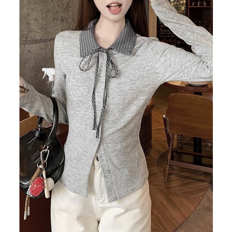 チェックカラー リボンリブニットトップス | Miniministore | 詳細画像6 