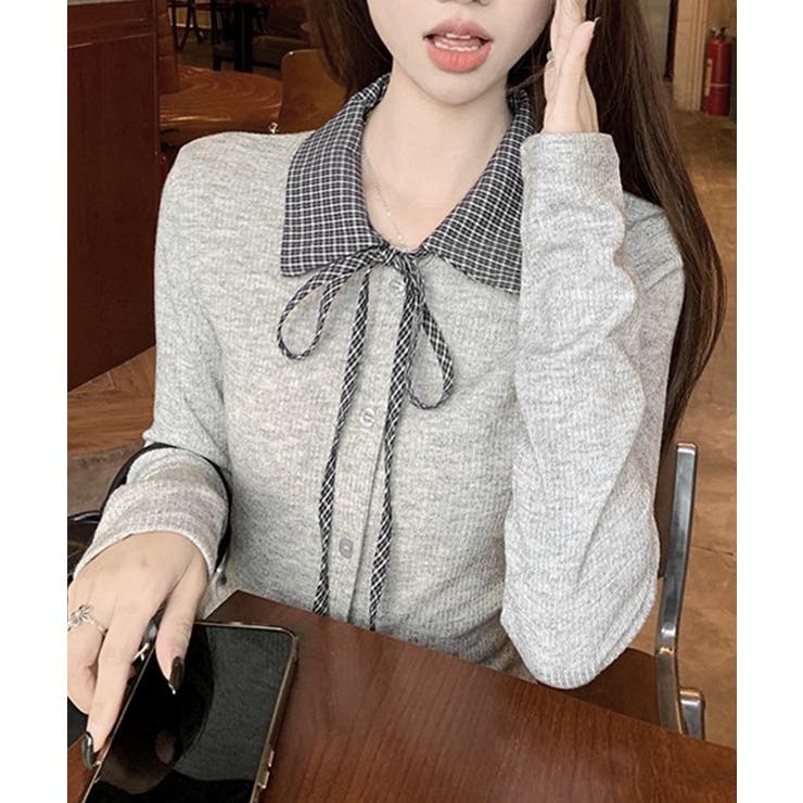 チェックカラー リボンリブニットトップス | Miniministore | 詳細画像9 