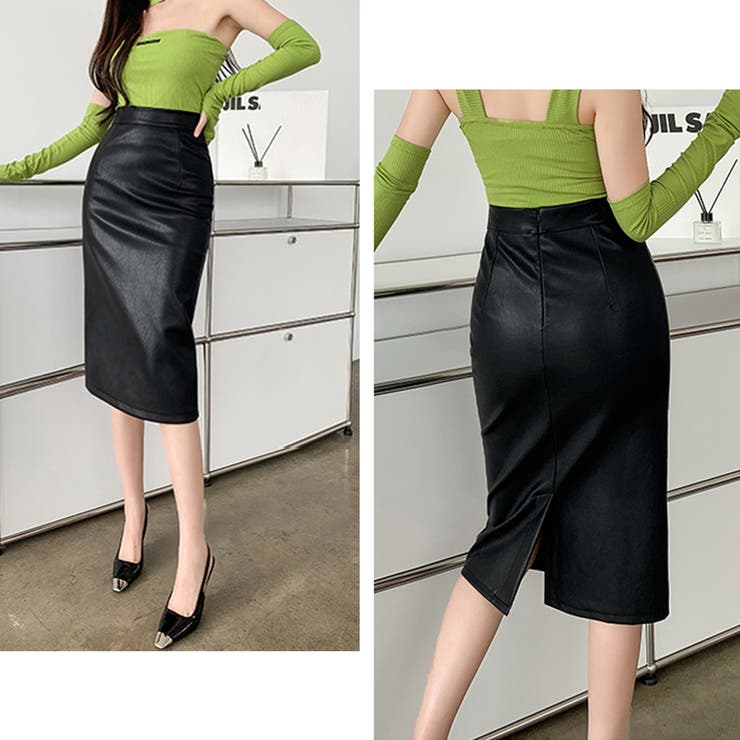 レザースカートタイトスカートミディ丈OL[品番：II000009343