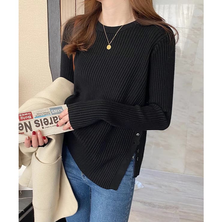 カラーネップリブニットトップス（NAVY） - PINUE