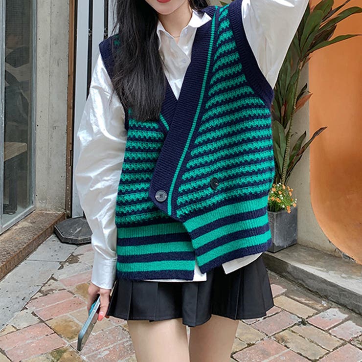 ニットジレ ボーダー柄 配色ベスト 秋冬 | Miniministore | 詳細画像9 
