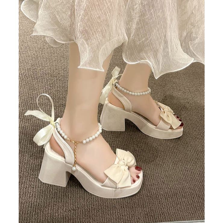 アイボリー | リボン厚底サンダル パールストラップ美脚 | Miniministore