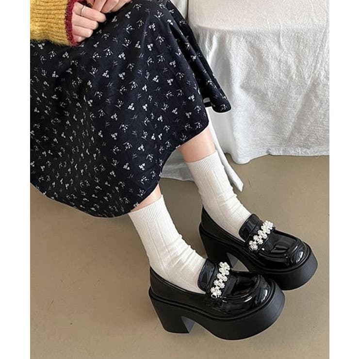 ブラック | パールビジュー厚底ローファー フェミニン | Miniministore