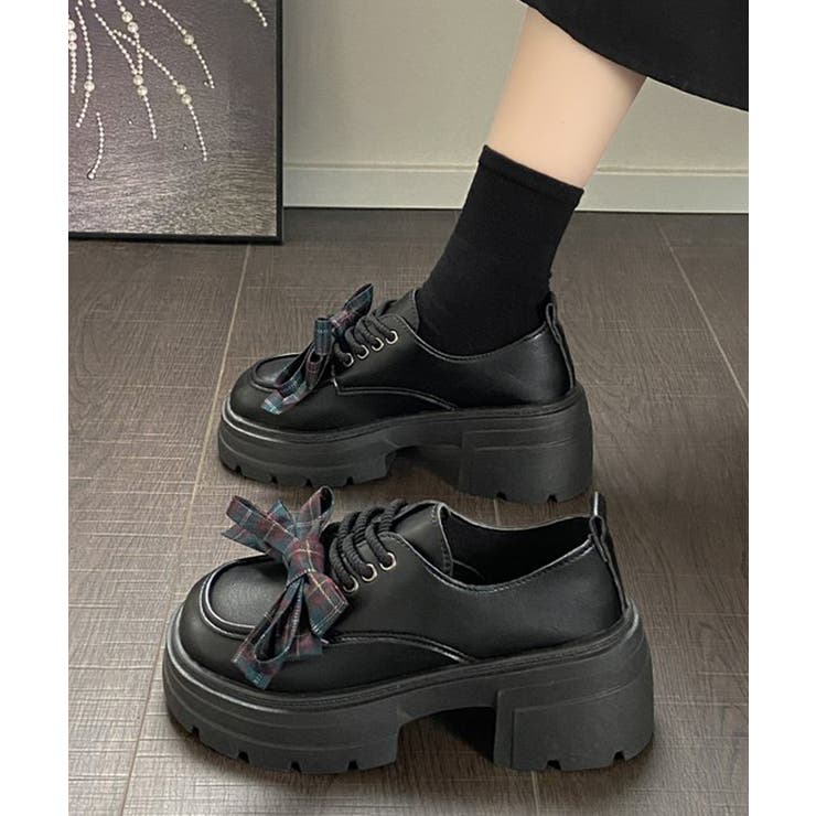 ブラック | チェックリボン厚底ローファーレースアップ | Miniministore
