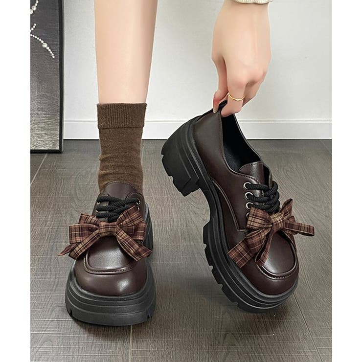 ブラウン | チェックリボン厚底ローファーレースアップ | Miniministore