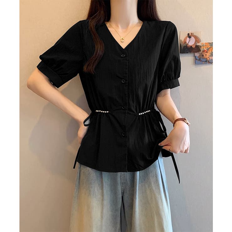 ブラック | ドロストシャツブラウス パール付夏服半袖 | Miniministore