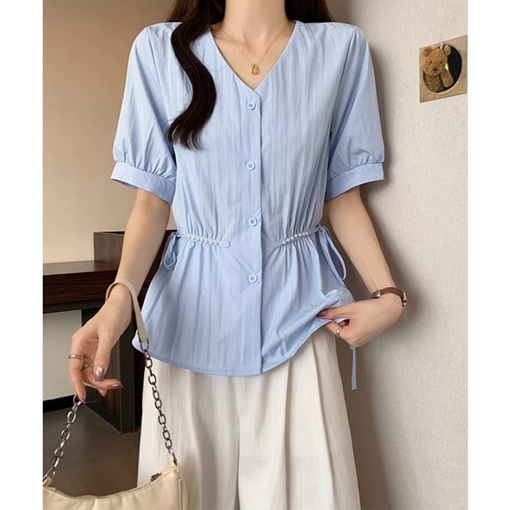ブルー | ドロストシャツブラウス パール付夏服半袖 | Miniministore