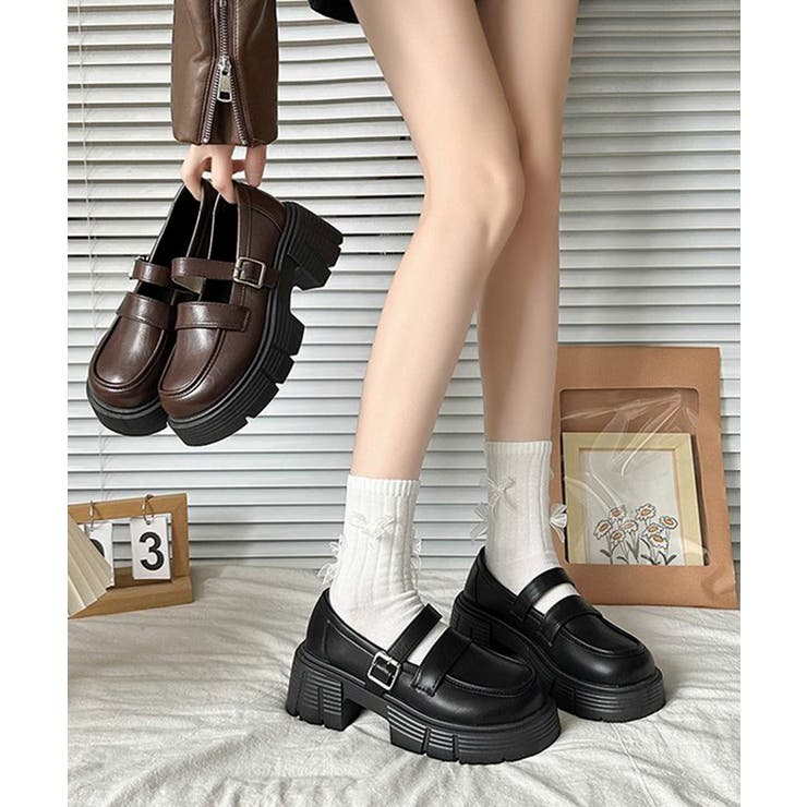 ダブルベルト厚底ローファー 韓国風美脚靴 | Miniministore | 詳細画像1 