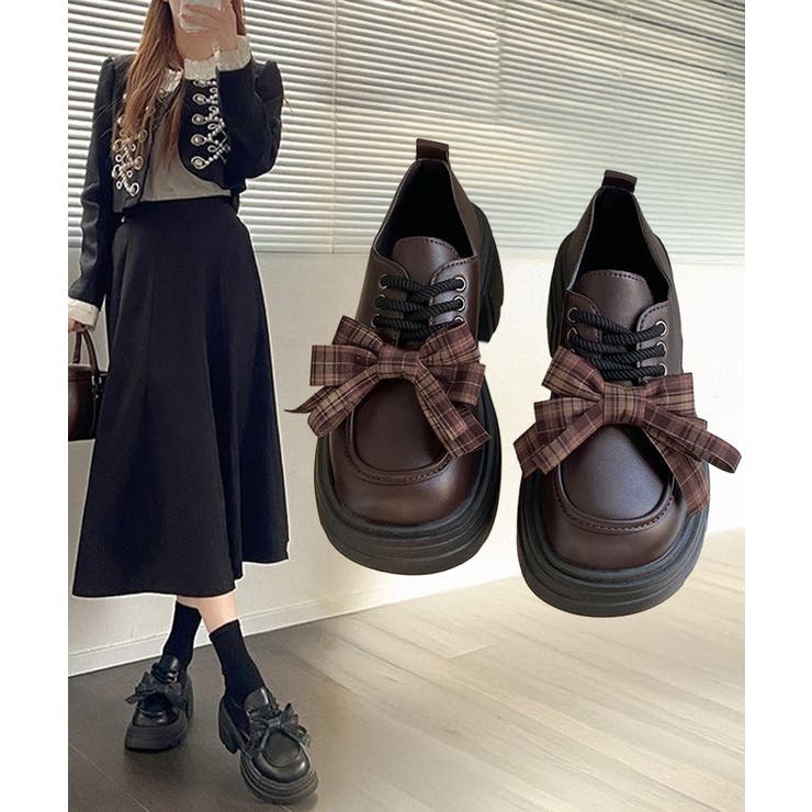 チェックリボン厚底ローファーレースアップ | Miniministore | 詳細画像1 