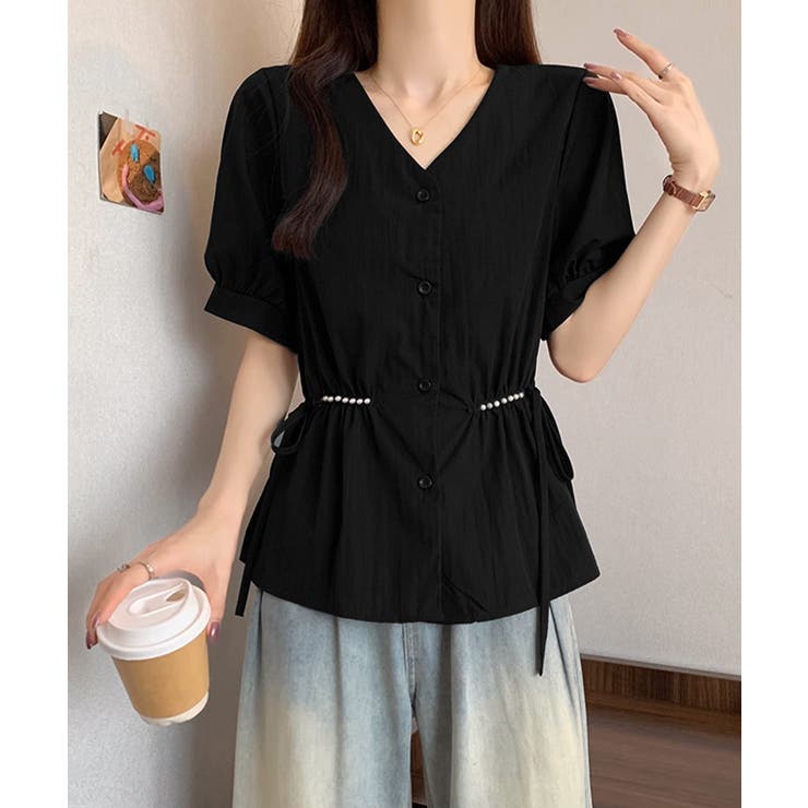 ドロストシャツブラウス パール付夏服半袖 | Miniministore | 詳細画像2 