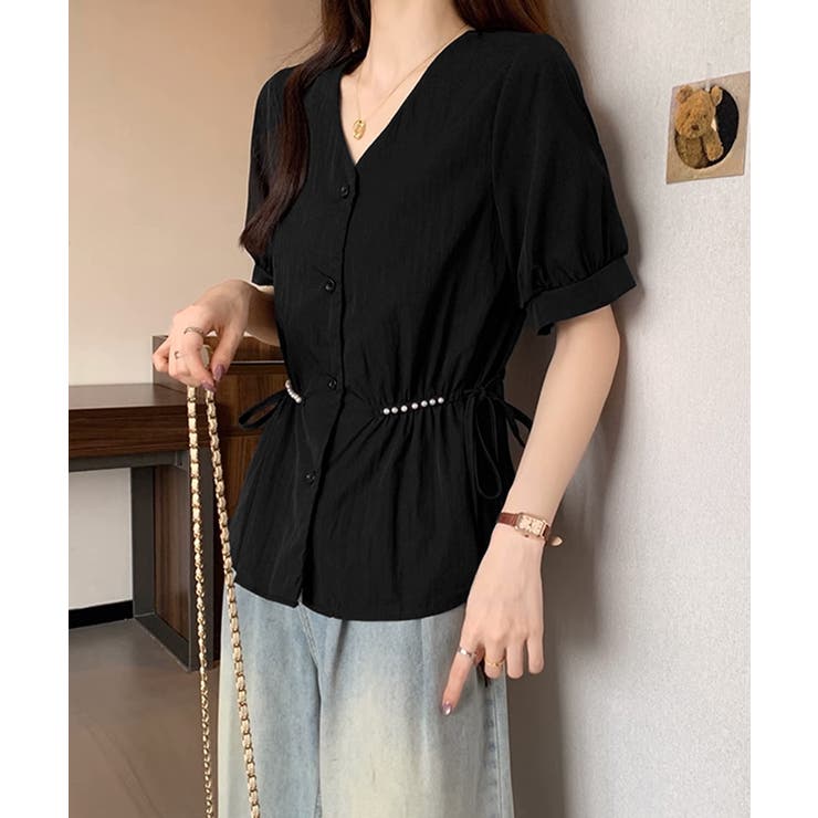 ドロストシャツブラウス パール付夏服半袖 | Miniministore | 詳細画像3 