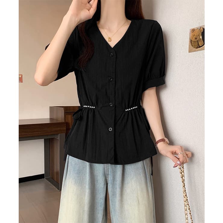 ドロストシャツブラウス パール付夏服半袖 | Miniministore | 詳細画像4 
