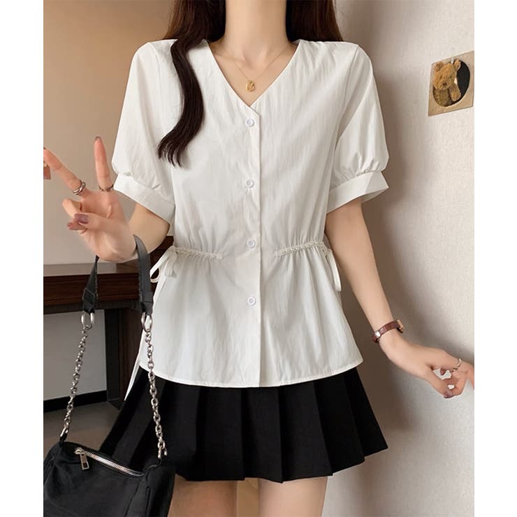 ドロストシャツブラウス パール付夏服半袖 | Miniministore | 詳細画像5 