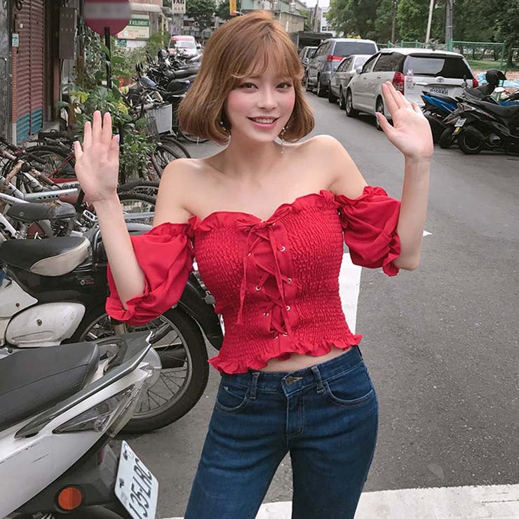 オフショルトップス 50%OFF】ふんわり袖 チェックオフショルトップス(ベルスリーブ