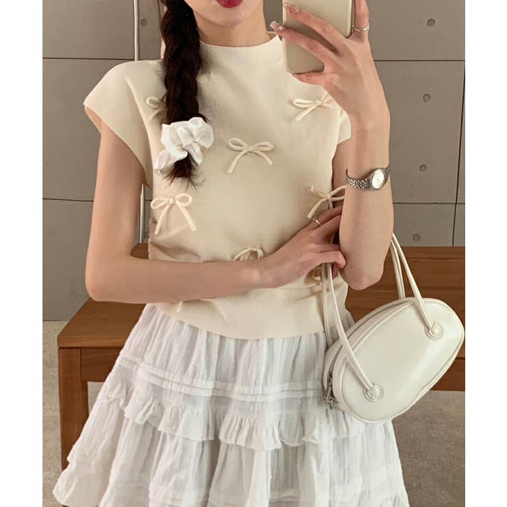 ベージュ | リボン付きリブニット プチハイネック夏服 | SUNSHINE CLOSET