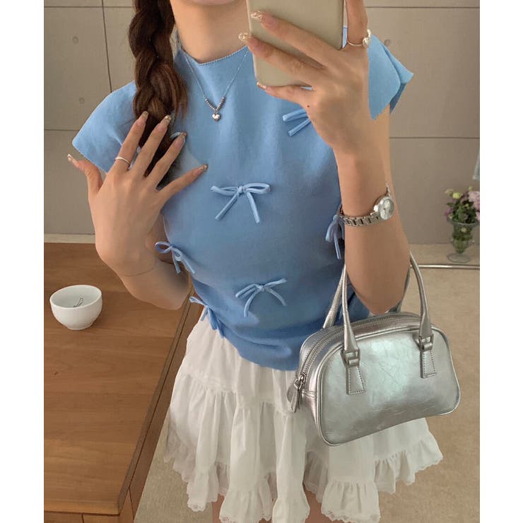 ブルー | リボン付きリブニット プチハイネック夏服 | SUNSHINE CLOSET
